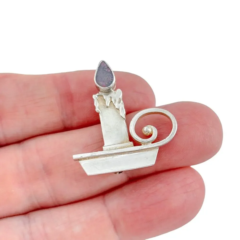 Vintage Sterling Silver 925 Opal Candle Brooch